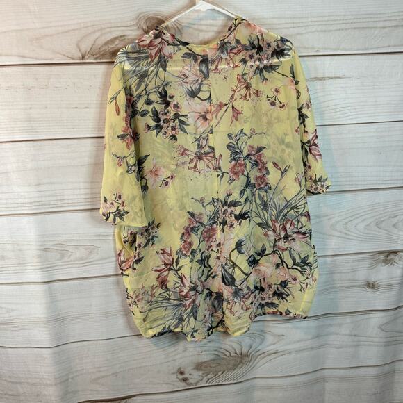 Olive Tree Yellow Floral Print Short Sleeve Sheer Cardigan Size Large - Picture 3 of 5
